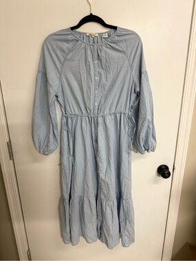 Light Blue Button-Front Tiered Dress with Drawstring Waist